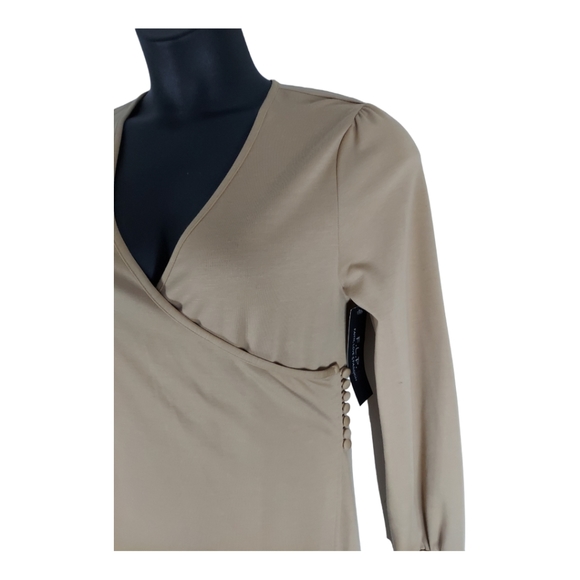 FAITH LOVE PASSION FLP Size Small Tan Vtg Look Wrap Dress Cloth Cover Buttons - Picture 10 of 15